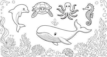 Sea creatures coloring page with marine animals line