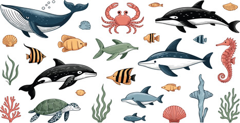 Collection of sea animals in a cartoon illustration