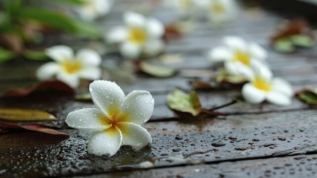 A serene close-up of vibrant white and yellow tropical flowers, adorned with glistening water droplets, resting gently on a rustic wet wooden surface. This tranquil scene evokes a sense of natural bea