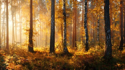 Golden autumn forest with tall maple and birch trees