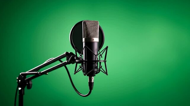 Studio microphone with pop filter on a boom arm against a green screen. Equipment for podcast, broadcast, and voice recording. Footage.