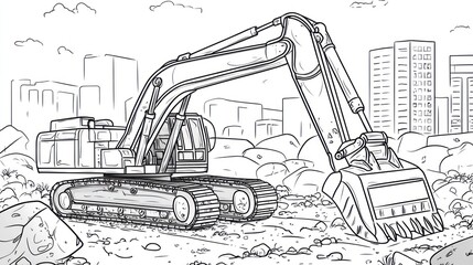 Excavator working on construction site, black and white, illustration, coloring book