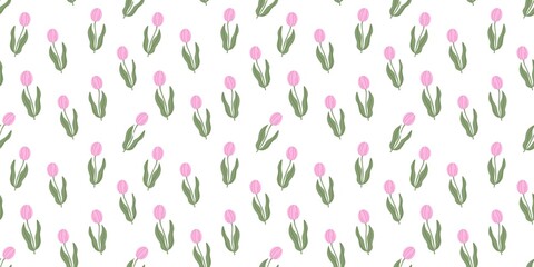 Pink tulip seamless pattern on white background. Lovely floral design perfect for Women’s Day, Mother’s Day, spring decor, gift wrapping, and elegant greeting cards.