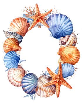 Watercolor illustration of a seashell wreath with starfish and coral