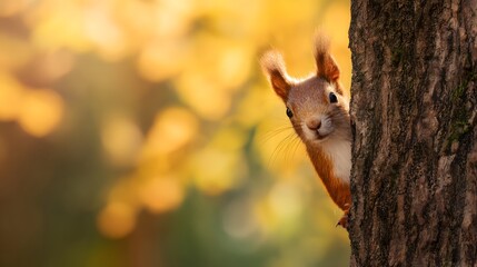 Cute fluffy red squirrel peeking from behind an oak tree trunk