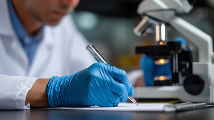 A laboratory technician analyzes samples using microscope and pipettes in research lab wearing lab coat and gloves while carefully documenting results laboratory work scientific