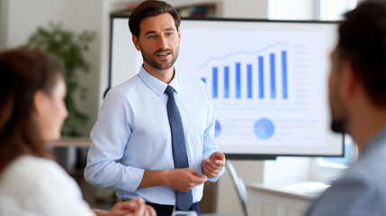 An operations analyst presents efficiency improvements to management team using slide presentation software with charts showing cost savings and productivity gains operations anal