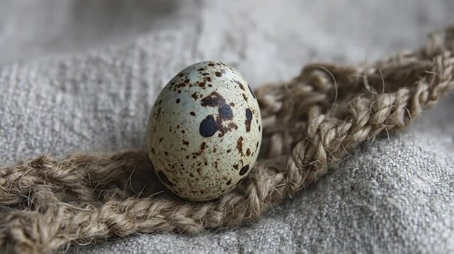A single, delicately speckled egg, reminiscent of a quail egg, is artfully positioned on a rustic, braided jute rope. The rope itself rests atop a soft, light-colored fabric with a subtle, natural tex