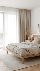 Fototapeta premium modern bedroom with white walls and wooden floor with white cushions and armchair. 3d render illustration. 3d rendering