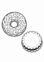 Italian pastries line art presents donut and sandwich cookie illustrations in black and white.