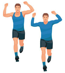 Two isolated figures of a finishing marathon winner runner in blue summer and winter sportswear