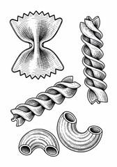 Pasta sketch with farfalle, fusilli, and elbow macaroni shown in detailed line drawing. Different pasta types sketch, like farfalle, fusilli, elbow macaroni, communicate the variety of pasta shapes.