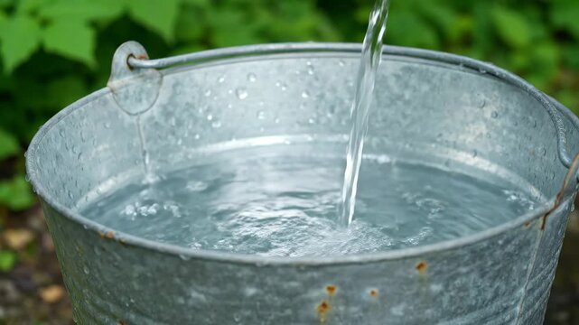 Fresh Water Pouring into Galvanized Metal Bucket Outdoors.