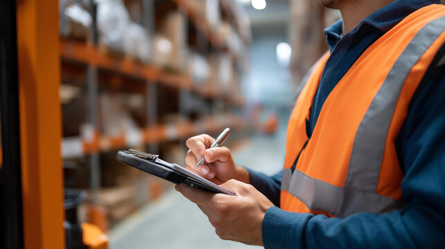 An order picker operates electric pallet jack while pulling order list navigating warehouse aisles to fulfill e commerce orders efficiently order fulfillment warehouse operation