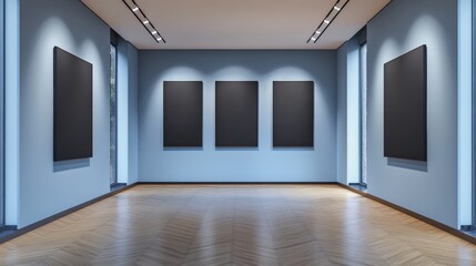 A minimalist art gallery featuring four blank black canvases on light blue walls with wooden flooring and ample natural light.