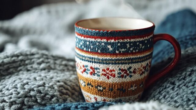 A steaming mug, adorned with a cozy, colorful knitted pattern, rests invitingly among soft, textured blankets. Visible vapor rises gently from the warm beverage, creating an atmosphere of ultimate com