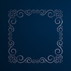 Ornamental square framework on dark blue background. Metallic, glass effect, glare. 