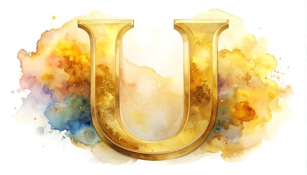 Golden Letter U - Watercolor Typography with Artistic Flair and Elegant Design.