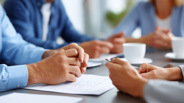Union representatives meet with management team across negotiation table discussing contract terms with documents and coffee cups present labor relations union cooperation work