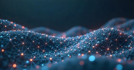 Abstract network of interconnected blue dots and lines forming a grid-like structure, dark blue background, creating a sense of depth and connectivity