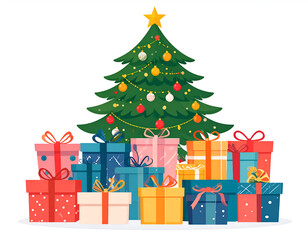 Festive Christmas Tree Surrounded by Colorful Gift Boxes.
