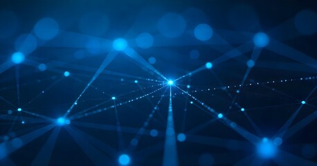 Abstract network of interconnected blue dots and lines forming a grid-like structure, dark blue background, creating a sense of depth and connectivity