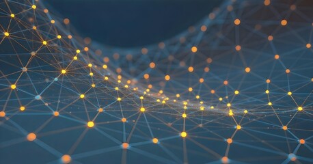 Abstract network of interconnected blue dots and lines forming a grid-like structure, dark blue background, creating a sense of depth and connectivity