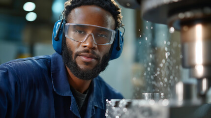 A skilled technician operates CNC milling machine in modern factory wearing safety glasses and hearing protection while precision metal parts are machined with coolant spray