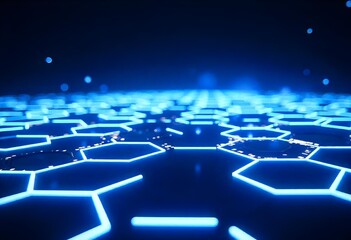 Hexagonal grid with blue neon lights, dark background, futuristic and technological design, abstract pattern,