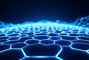 Hexagonal grid with blue neon lights, dark background, futuristic and technological design, abstract pattern,