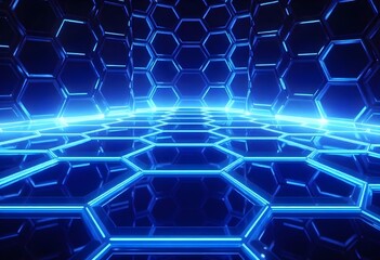 Hexagonal grid with blue neon lights, dark background, futuristic and technological design, abstract pattern,