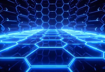 Hexagonal grid with blue neon lights, dark background, futuristic and technological design, abstract pattern,