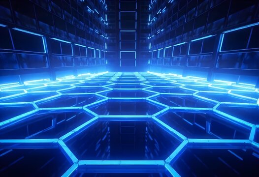 Hexagonal grid with blue neon lights, dark background, futuristic and technological design, abstract pattern,