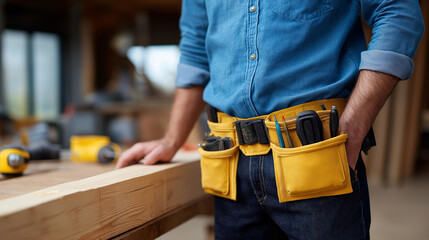 A carpenter measures and marks lumber on workbench in woodworking shop wearing tool belt with various hand tools while building custom furniture carpentry occupation skilled