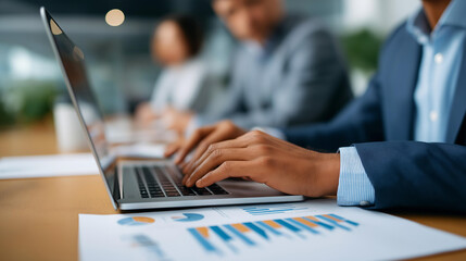 A budget review meeting features finance team examining spreadsheets on laptops CFO presenting quarterly results while department heads take notes financial meeting budget