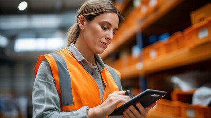 An inventory specialist performs cycle count using tablet and laser scanner verifying stock quantities against system records among organized storage bins cycle counting
