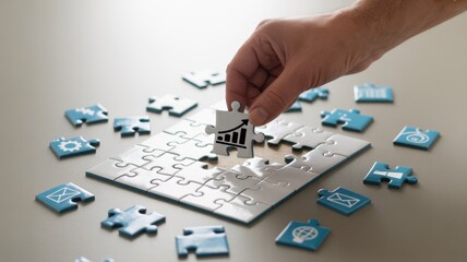 Fototapeta premium Hand placing a puzzle piece with a graph on it into a puzzle with business icons, symbolizing business growth and strategy concept