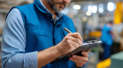 A supervisor walks manufacturing floor with clipboard checking quality metrics stopping to discuss production details with line workers at assembly station floor management