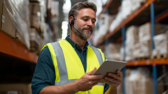 A warehouse manager reviews inventory on tablet while standing among tall storage racks wearing safety vest and communicating via headset with logistics team warehouse operations - Powered by Adobe