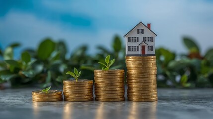 an image of coins stacked like a bar graph topped with a miniature house, depicting the growth of wealth
