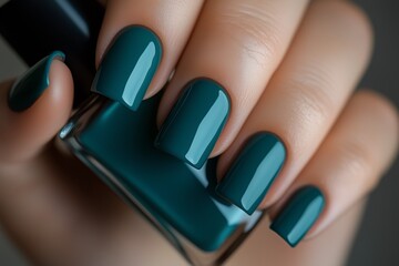 Closeup of transformative teal manicure with glossy nail polish bottle.