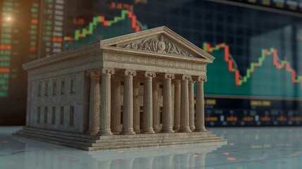Obraz premium a model of a building is placed in front of a stock market graph, symbolizing financial stability