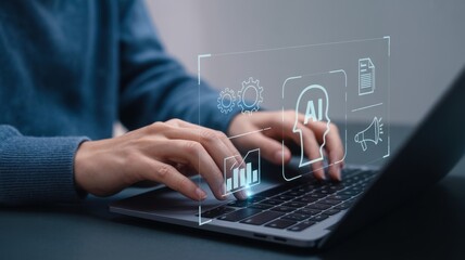 Close up of a person using a laptop with an ai interface, showcasing artificial intelligence and modern technology