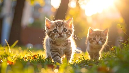 Two adorable kittens exploring the sunlit garden, a playful scene.