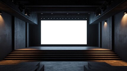 A modern stage with a blank screen, dim lighting, and stepped seating, creating a dramatic atmosphere for performances or presentations.
