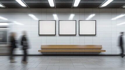 A minimalist subway station scene featuring a wooden bench and three empty frames on a tiled wall, with blurred figures of commuters passing by.