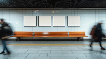 A modern subway station scene featuring a wooden bench and empty frames on a tiled wall, with blurred figures walking by, creating a dynamic urban atmosphere.
