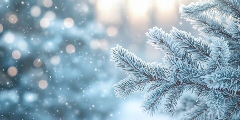 Frost-covered pine branches with bokeh lights in winter snowfall.