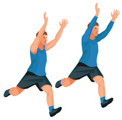 Two figures of a finishing runner in blue summer and winter sportswear, shown in three-quarter view with hands raised above head