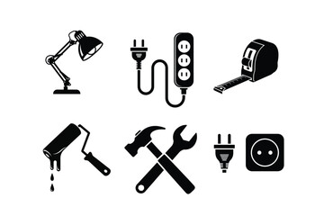 Obraz premium Tools and Electrical Icons Set Including Lamp Extension Cord and Hammer desk lamp